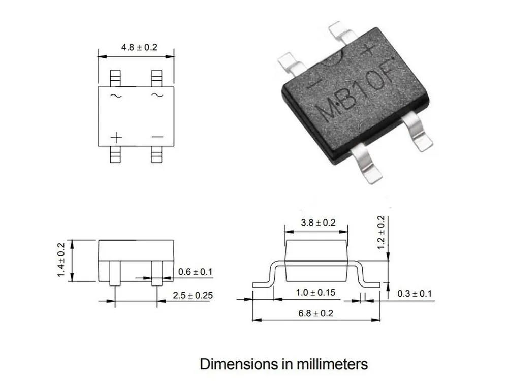 Legnépszerűbb Egyenirányító diódahíd 1000V 0,5A/25Ap p=2.5mm SMD MB10F