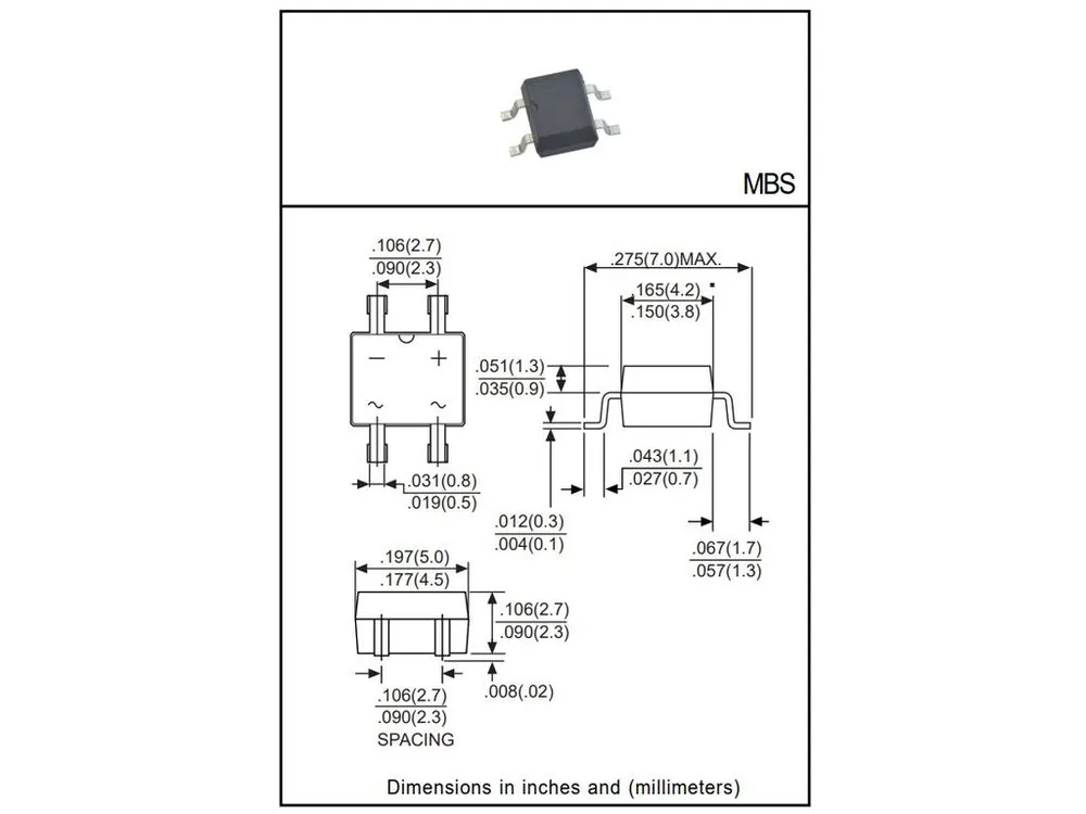 Gyors kiszállítás Egyenirányító diódahíd 1000V 0,8A/30Ap p=2.5mm SMD MB10S