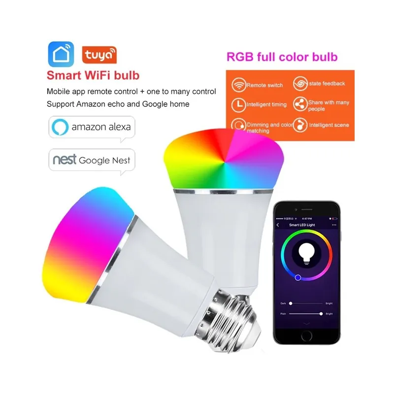 Szuper akció Csomag: 01 - Tuya hangvezérlés 5 W RGB intelligens izzó, szabályozható E27 WiFi LED intelligens lámpa AC 110 V 240 V