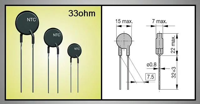 Nézd meg most NTK Termisztor 33R 2.5A 25°C -on 3.1W, Dis. 17mW/K, átmérő: 15mm