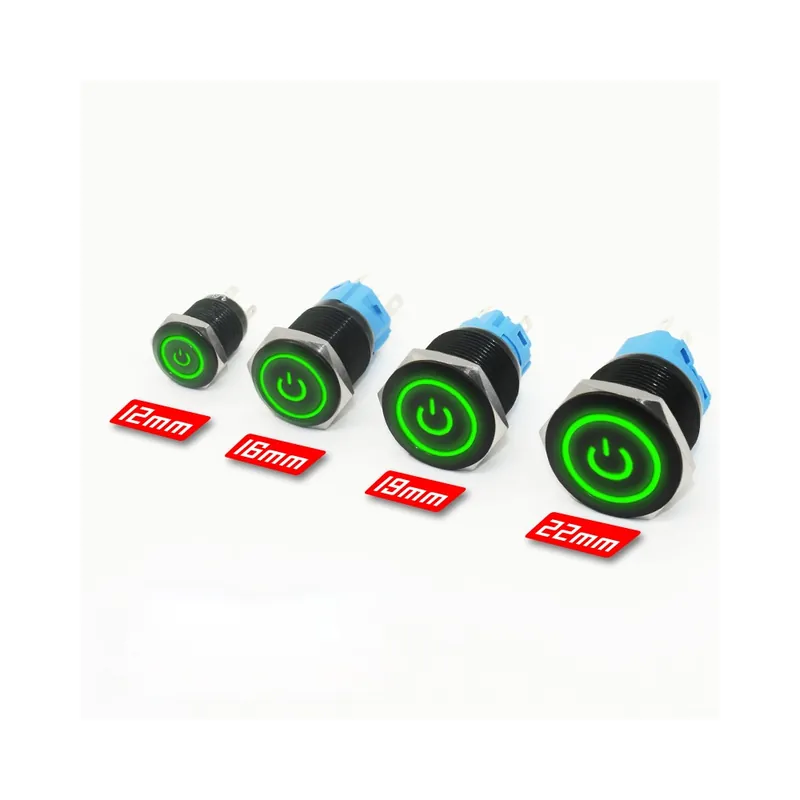 Reteszelt Rögzített-22mm-220V-Zöld Táp-Nyomógomb kapcsoló Fekete Azonnali Reteszelt Rögzített On-Off hálózati kapcsoló LED Biztonságos fizetés