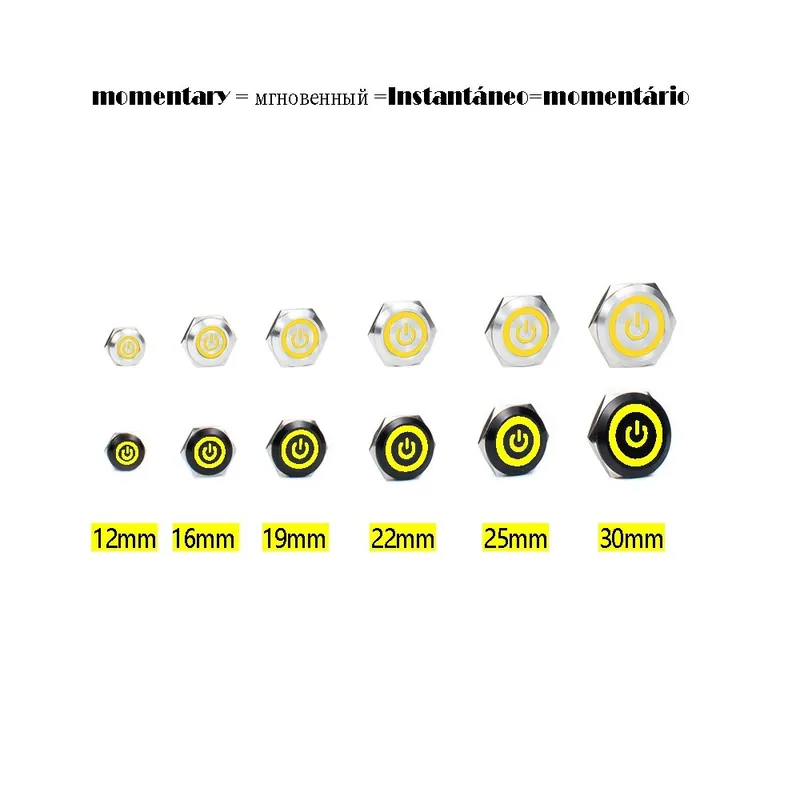 Árengedmény Rozsdamentes borítás-25mm Lapos fejű-12-24V LED-Sárga Táp-Kapcsoló LED Azonnali Nem Rögzített Vízálló Műszerfal gomb