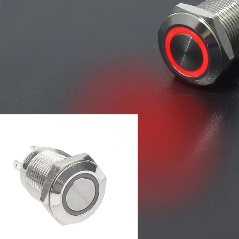 Korlátozott ajánlat 16mm-Reteszelt Rögzített Zár-110-220V(110V220V)-Ezüst színű Gyűrű Piros-1db Fekete Nyomógomb kapcsoló LED Gyűrűvel
