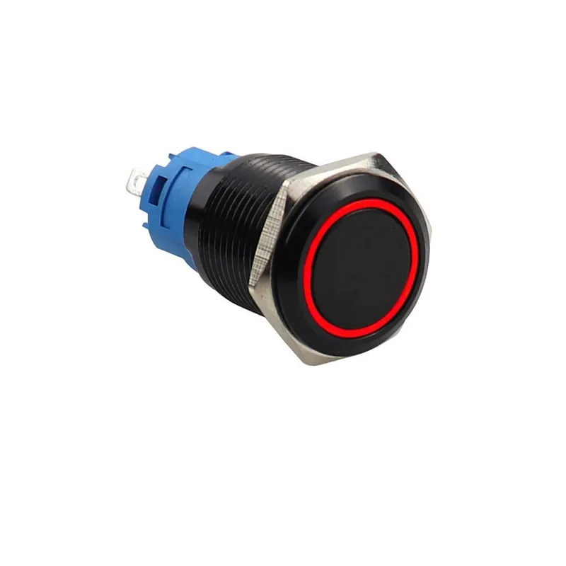 Vedd meg online Rögzített Önzáró-22mm-9-30V(12V)-Piros Kör-Fekete Nyomógomb kapcsoló Vízálló LED Fém Azonnali kapcsoló erős jellel