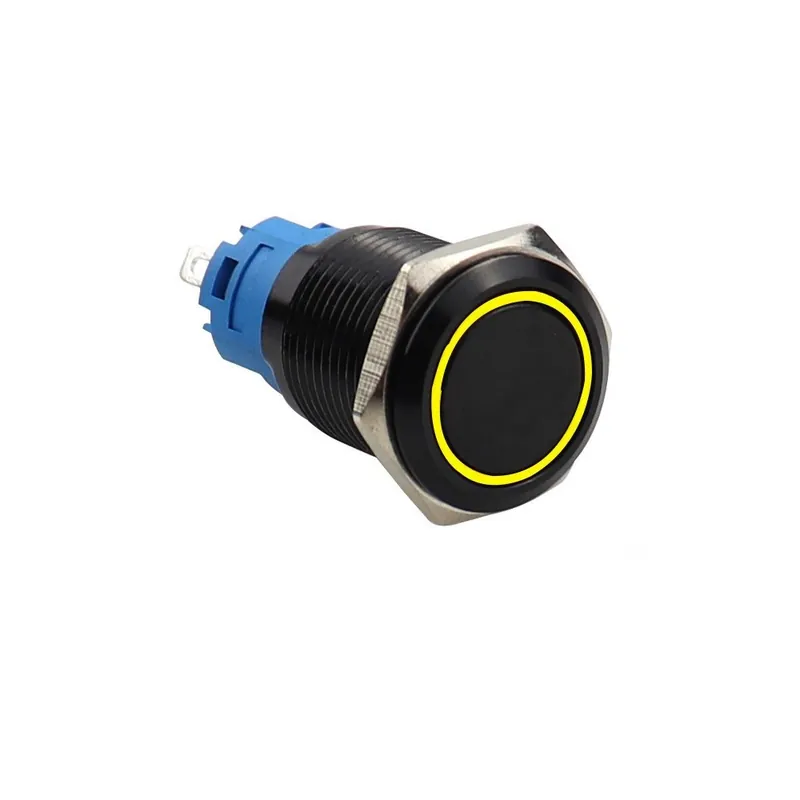 Rögzített Önzáró-100-240V(220V)-16mm-Sárga Kör-Fekete Nyomógomb kapcsoló Vízálló LED Fém Azonnali kapcsoló erős jellel Népszerű