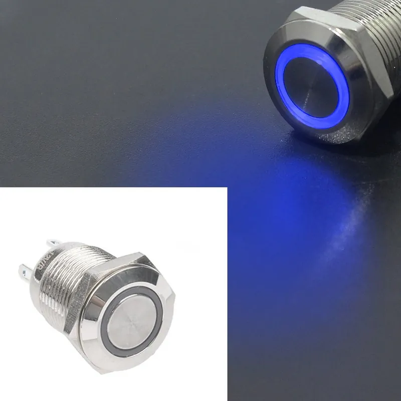 16mm-Reteszelt Rögzített Zár-12-24V(12V24V)-Ezüst színű Gyűrű Kék-1db Fekete Nyomógomb kapcsoló LED Gyűrűvel Ingyenes szállítás