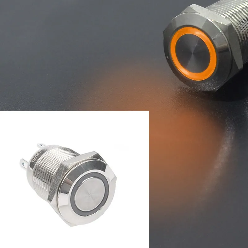 Ingyenes szállítás 16mm-Azonnali Ön-Újraindító-110-220V(110V220V)-Ezüst színű Gyűrű Narancssárga-1db Fekete Nyomógomb kapcsoló LED Gyűrűvel