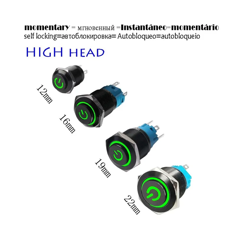 Önzáró-19mm Magas fejű-LED 12-24V-Zöld Táp-Magas fejű Fekete váz Autó Műszerfal Vízálló Fém gomb kapcsoló LED Biztonságos fizetés