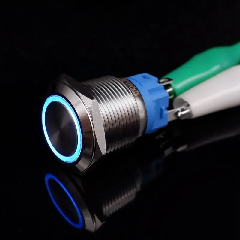 Bestseller Rögzített Önzáró-16mm Lapos fejű-9V-24V(12V)-Kör alakú Kék-On-Off PC Erős Fém Nyomógomb Autó Gyújtás kapcsoló