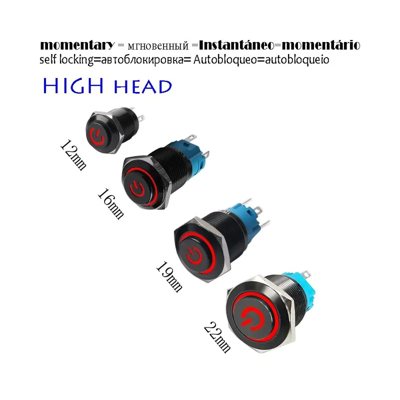 Biztonságos fizetés Önzáró-19mm Magas fejű-LED 12-24V-Piros Táp-Magas fejű Fekete váz Autó Műszerfal Vízálló Fém gomb kapcsoló LED