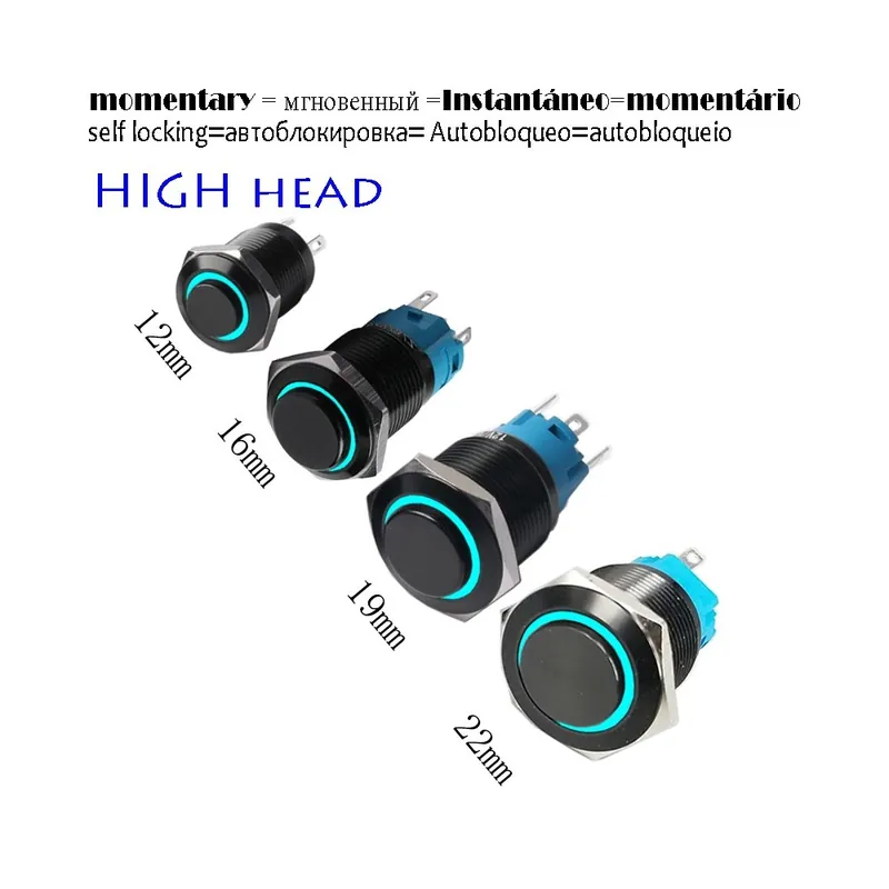 Biztonságos vásárlás Önzáró-19mm Magas fejű-LED 12-24V-Kék Gyűrű-Magas fejű Fekete váz Autó Műszerfal Vízálló Fém gomb kapcsoló LED