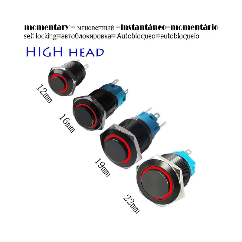 Önzáró-16mm Magas fejű-LED 12-24V-Piros Gyűrű-Magas fejű Fekete váz Autó Műszerfal Vízálló Fém gomb kapcsoló LED Végkiárusítás