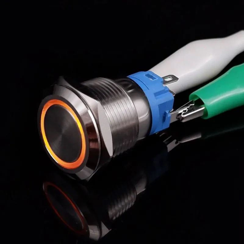 Biztonságos fizetés Rögzített Önzáró-12mm Lapos fejű-9V-24V(12V)-Kör alakú Sárga-On-Off PC Erős Fém Nyomógomb Autó Gyújtás kapcsoló