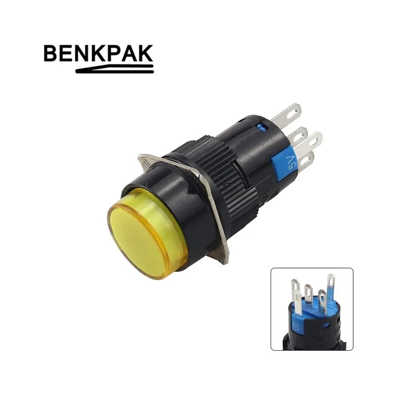 Önzáró-5V-Sárga-5V 12V 24V 220V Azonnali LED-es Karbantartott önzáró Nyomógomb kapcsoló 16MM Reteszelt Gomb Legkelendőbb