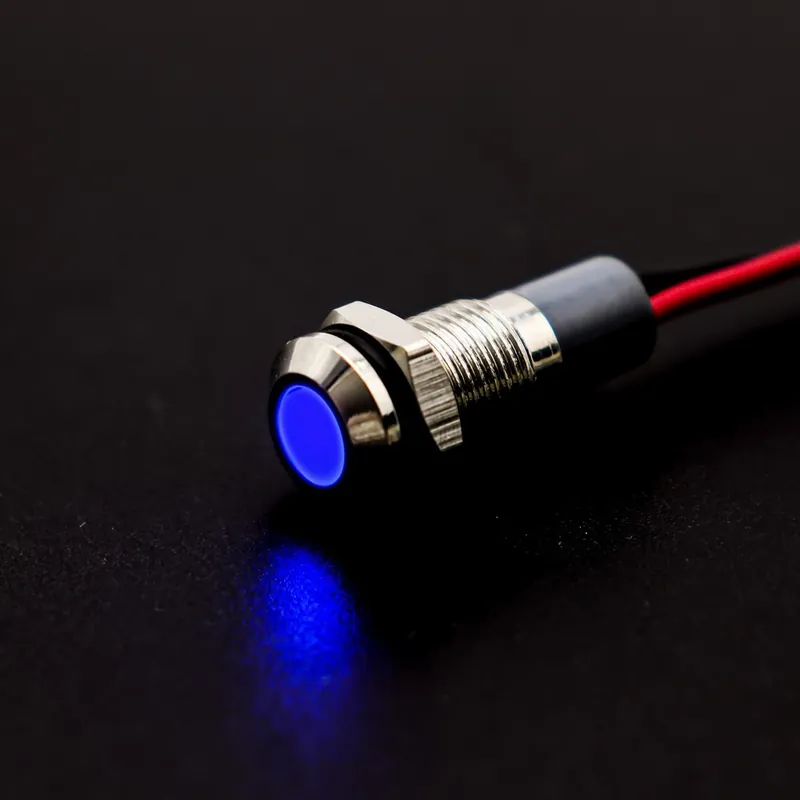Krómozott borítás-10MM-220V-Kék-Fekete testű lapos fejű IP67 Fém LED Figyelmeztető jelző lámpa Vezérlővezeték kapcsoló Ajánlat