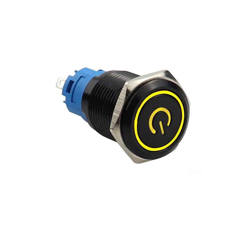 9-30V(12V)-Azonnali Ön-Újraindító-22mm-Sárga-Fém Fekete Vízálló gomb Autó PC indítókapcsoló LED Önzárós Ön-Újraindítós Utolsó esély