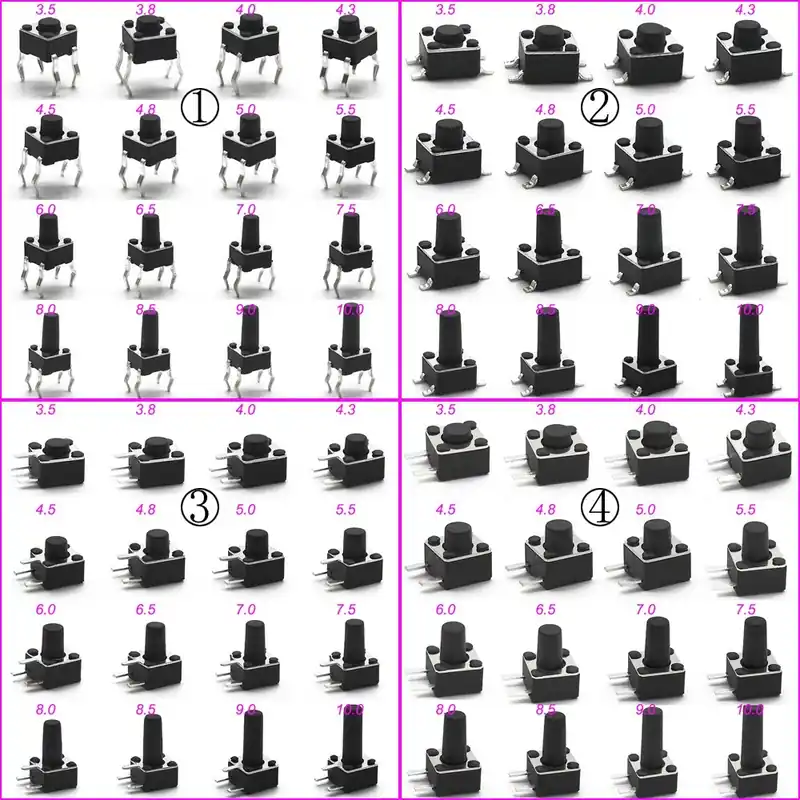 Azonnal elérhető Típus1 4 Tűs DIP-4,5x4,5x4,8mm-50db DIP SMT12V Mikro gomb érintős kapcsoló Azonnali Taktikai Nyomógomb Kulcsjátékhoz