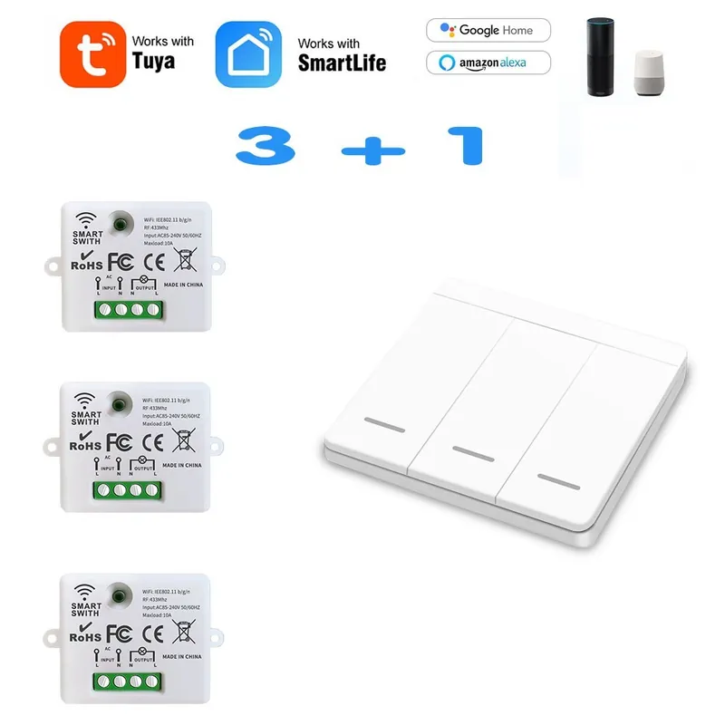 Árengedmény 3RC 1W-Mini Modul WIFI Tuya Smart Villanykapcsoló Fali Panel Nyomógomb kapcsoló 433MHZ Vezeték nélküli Távvezérlő 220V 10A